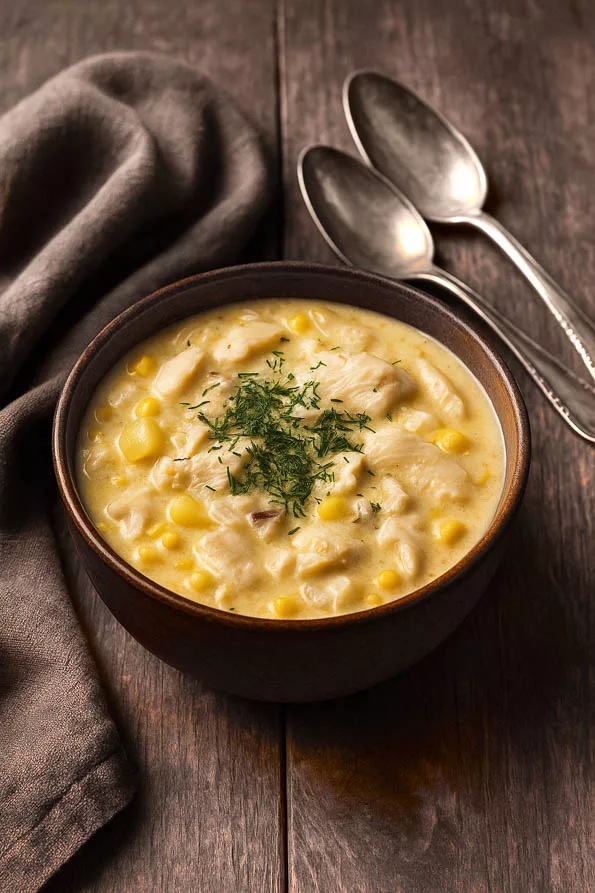 Eine Schale Chowder auf rustikalem Holz mit Löffeln