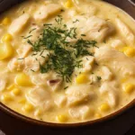 Cremige Chowder mit Kabeljau, Kartoffelnin einer dunklen Schale, garniert mit Dill