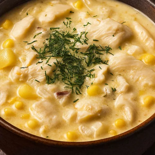 Cremige Chowder mit Kabeljau, Kartoffelnin einer dunklen Schale, garniert mit Dill