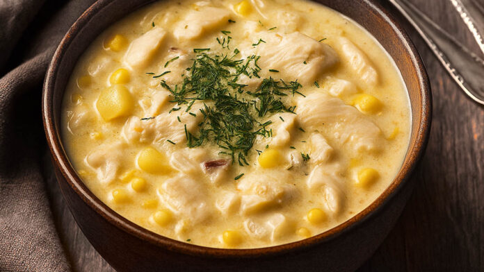 chowder3 Cremige Chowder mit Kabeljau, Kartoffelnin einer dunklen Schale, garniert mit Dill