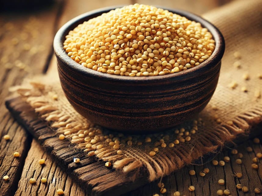 Hirse in einer Schüssel auf Holzuntergrund für Hirsotto
