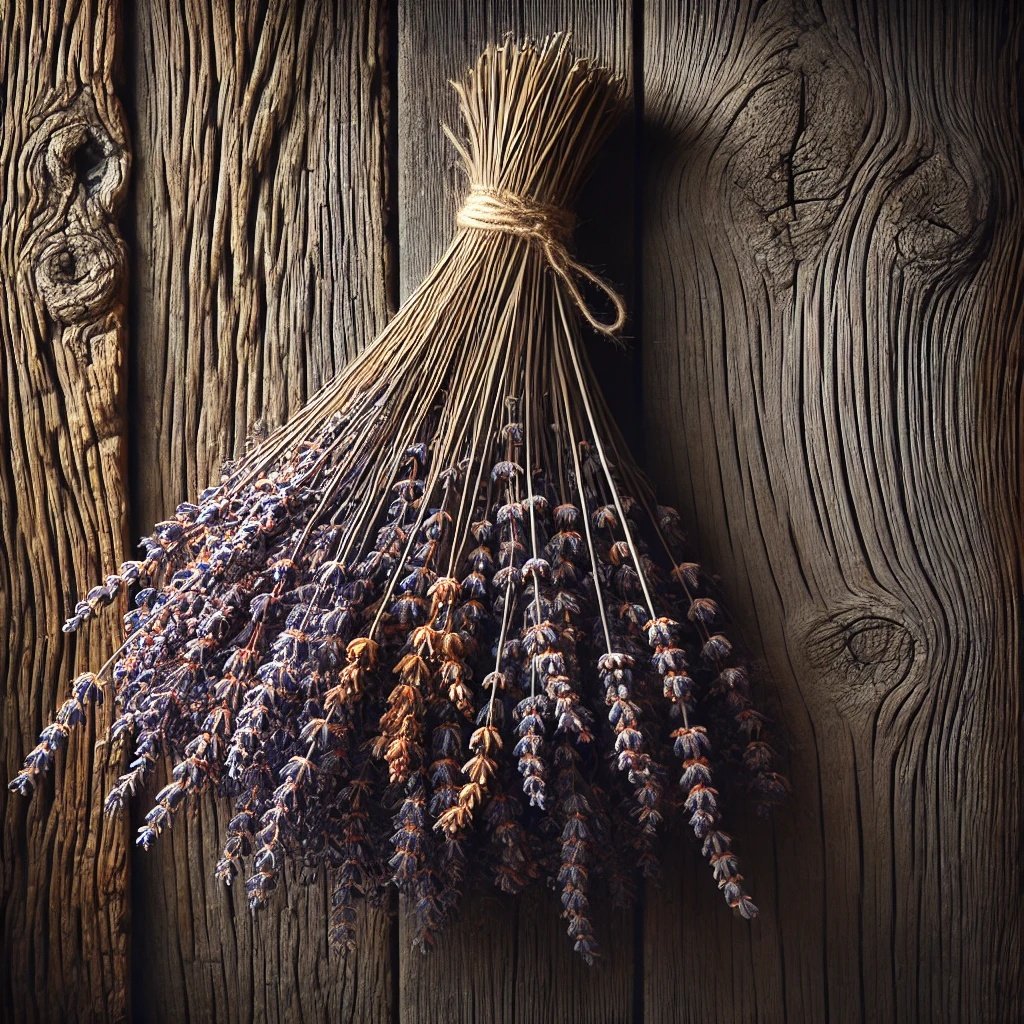 Ein Bund Lavendel liegt auf Holzuntergrund