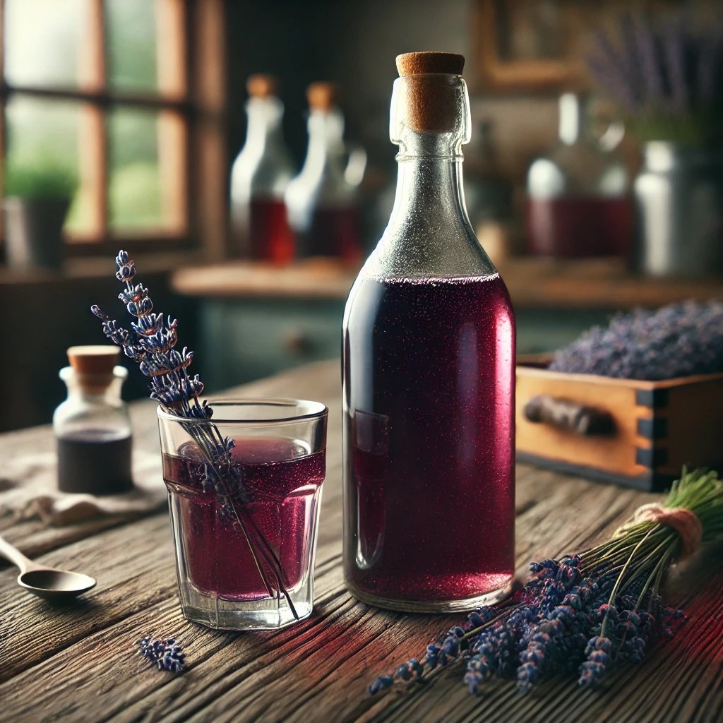 Eine Flasche mit Lavendelsirup steht auf einem Tisch