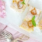 einige Stücke Aprikosenkuchen liegen auf einem Teller und sind mit Pfefferminze garniert