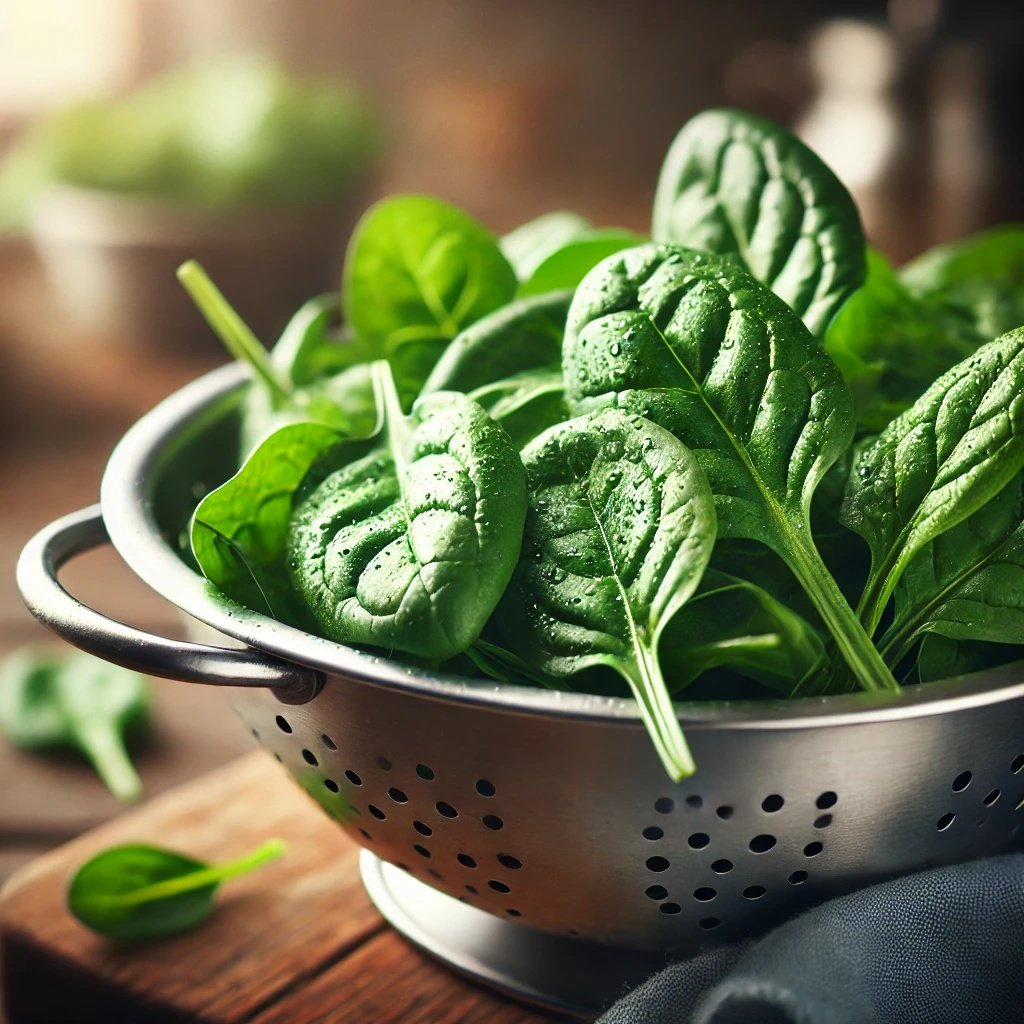 Spinatblätter in einem Sieb für Spinatknödel Rezept