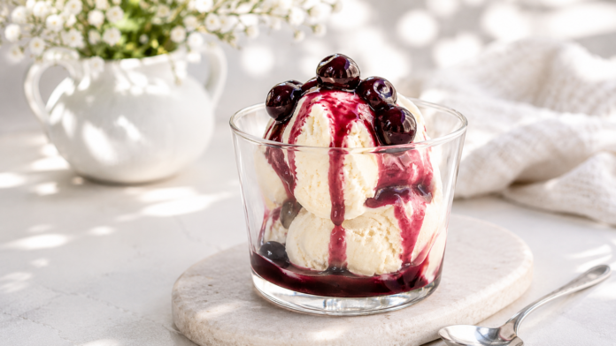 amarenakirschen-rezept Dessert mit Vanilleeis und selbst gemachten Amarenakirschen