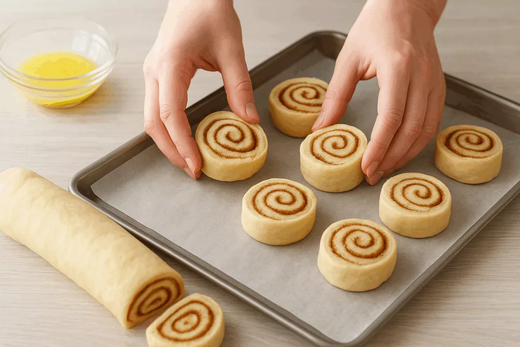 zwei Hände legen geschnittene Zimtschnecken auf ein Backblech