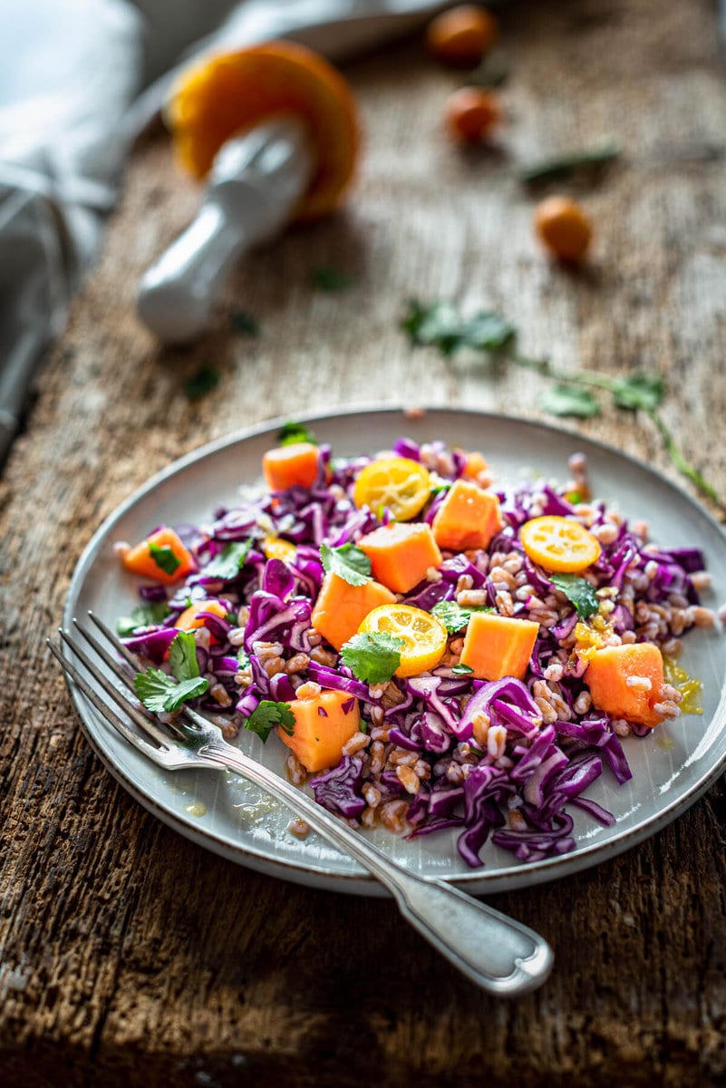 Ein Wintersalat aus Rotkohl, Kochdinkel und Papaya wurde auf einem Teller angerichtet.