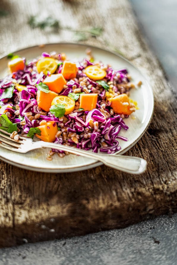 Rotkohlsalat mit Papaya auf einem Teller und Holztisch
