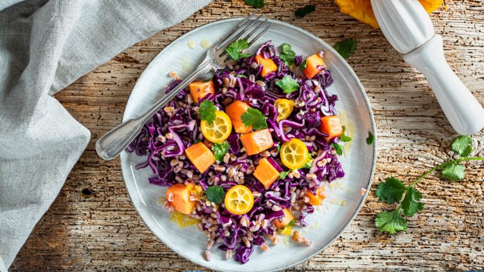 veganer-wintersalat-mit-rotkohl-kochdinkel-und-papaya Ein Wintersalat aus Rotkohl, Kochdinkel und Papaya wurde auf einem Teller angerichtet.