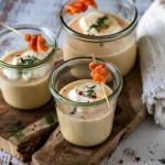 3 Gläser mit Cremesuppe vom Räucherlachs stehen auf einem Holzbrett