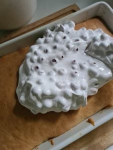 Eiweißmasse mit Johannisbeeren wird auf Kuchenteig gestrichen