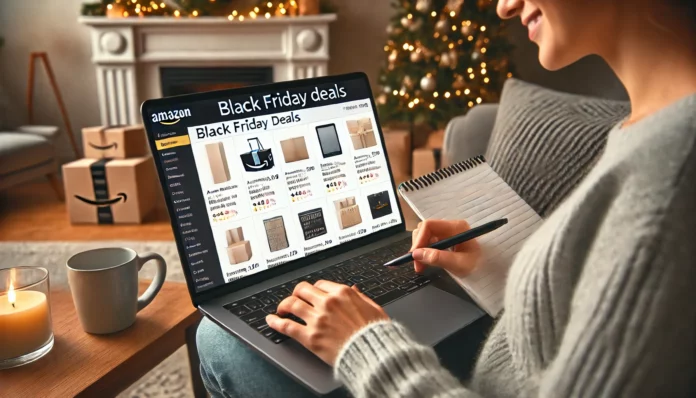 Eine Frau stöbert entspannt auf der Couch in den Amazon Black Week Angeboten