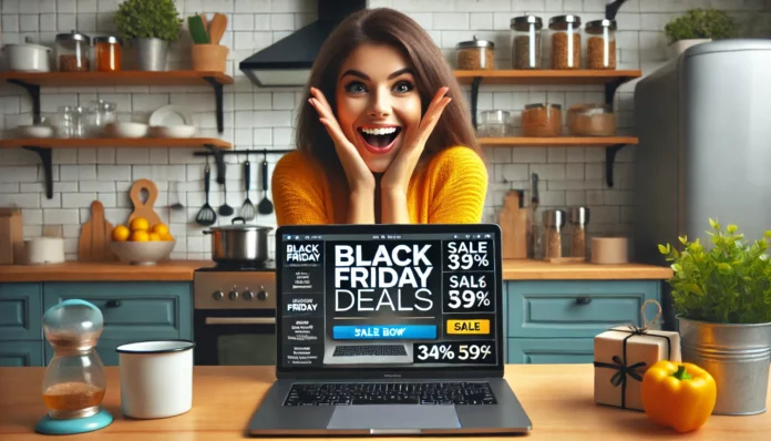 Eine Frau freut steht in ihrer modernen Küche und freut sich über tolle Black Friday Angebote für Küchenutensilien