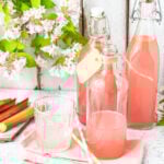 3 Flaschen Rhabarbersirup auf Holzuntergrund mit Rhabarberstangen