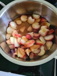 Pfirsichstücke in Kochtopf für Eistee mit frischer Pfirsich