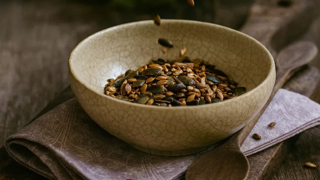 Geröstete Kürbiskerne in einer Schüssel auf einem Geschirrtuch