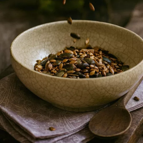 Eine Bowl mit Kürbiskernen geröstet auf einem Tuch
