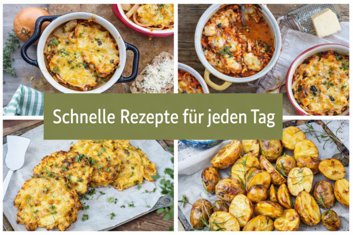 schnelle-rezepte-fuer-jeden-tag Kopie Schnelle Rezepte für jeden Tag als Collage mit Zwiebelsuppe, Hähnchen Parmigiana, Hüttenkäsetalern und Ofenkartoffeln