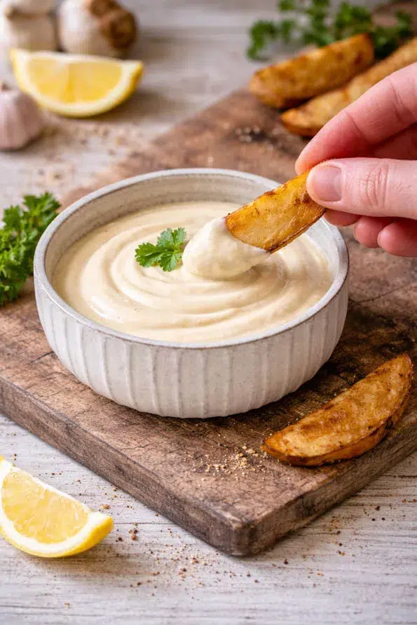 Kartoffelspalte wird in cremige Aioli gedippt