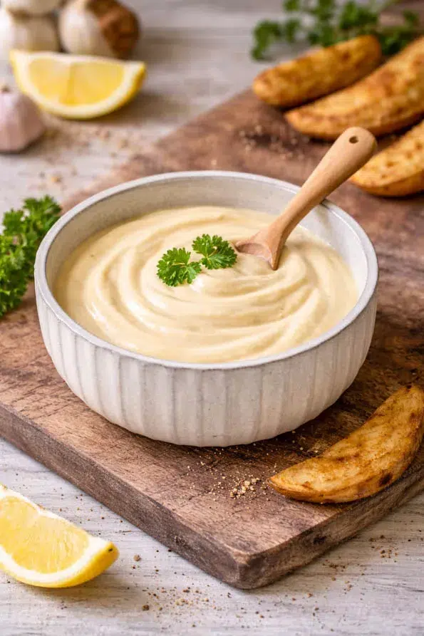 Cremige Aioli im Schälchen mit Knoblauch und Zitrone