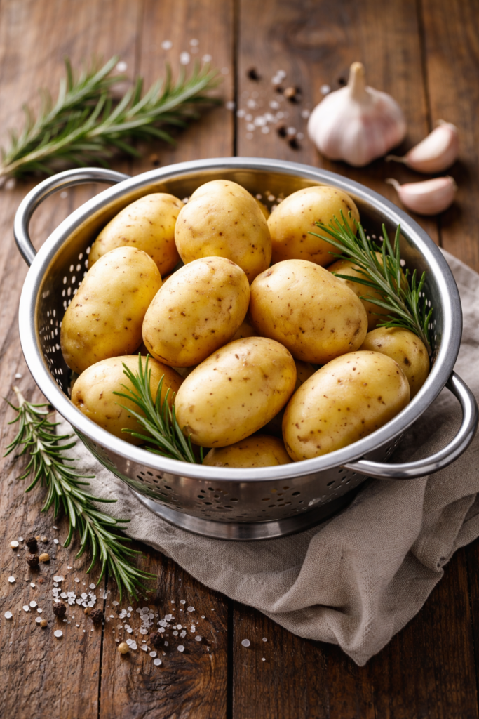 Frische Kartoffeln in einem Metallsieb auf einem Holztisch mit Kräutern