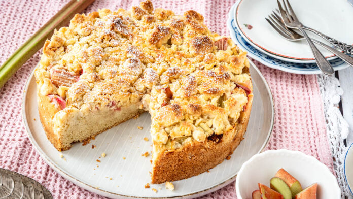 rhabarberkuchen-mit-streusel Frischer Rhabarberkuchen mit Streusel leicht mit Puderzucker bestäubt